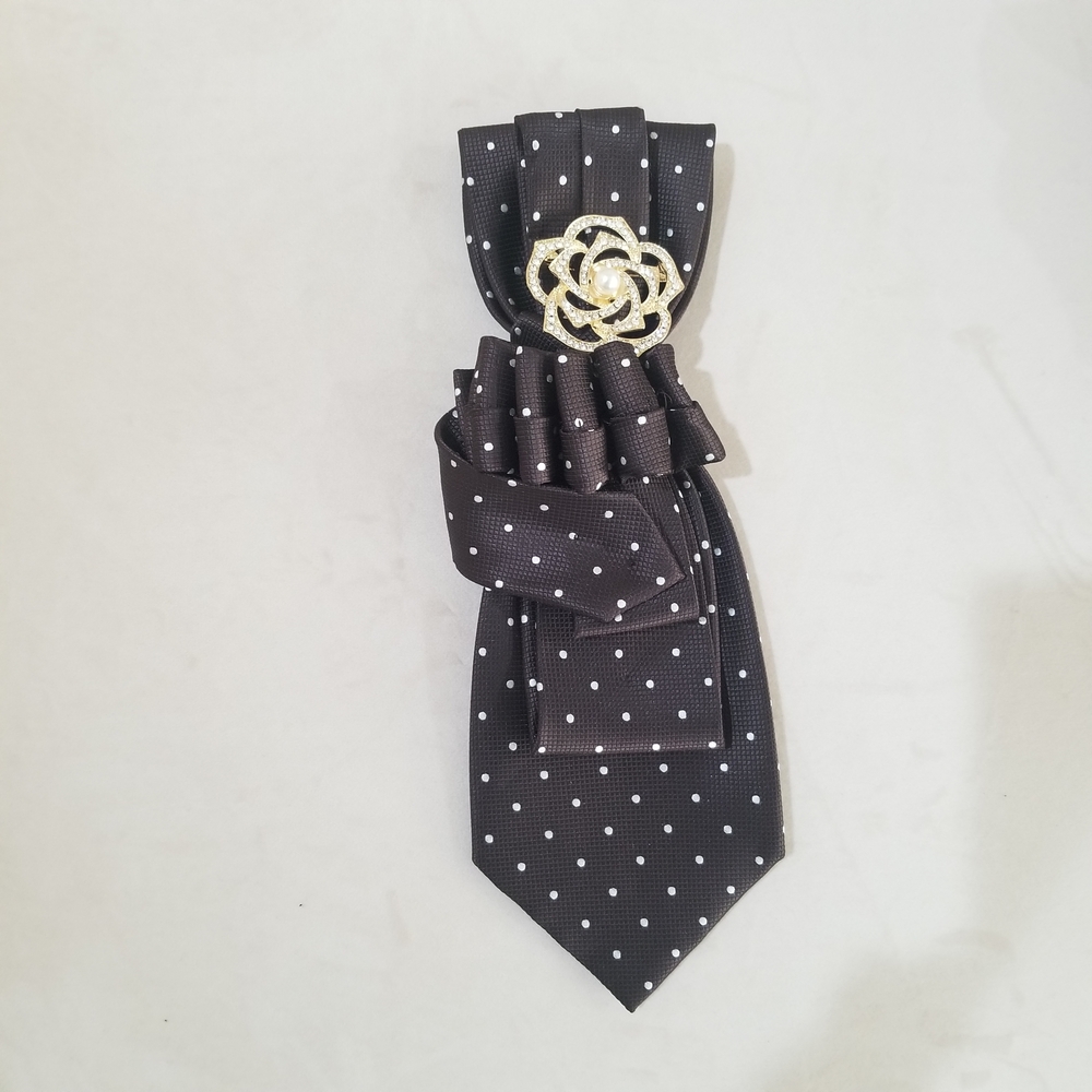 Chocolate Brown Polka Dot Neck Tie with Gold Floral Brooch